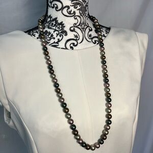 Long pewter and green faux pearl necklace